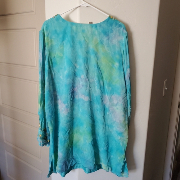 Roaman's Blue Tie Dye Beaded Chiffon Dress - Picture 8 of 14